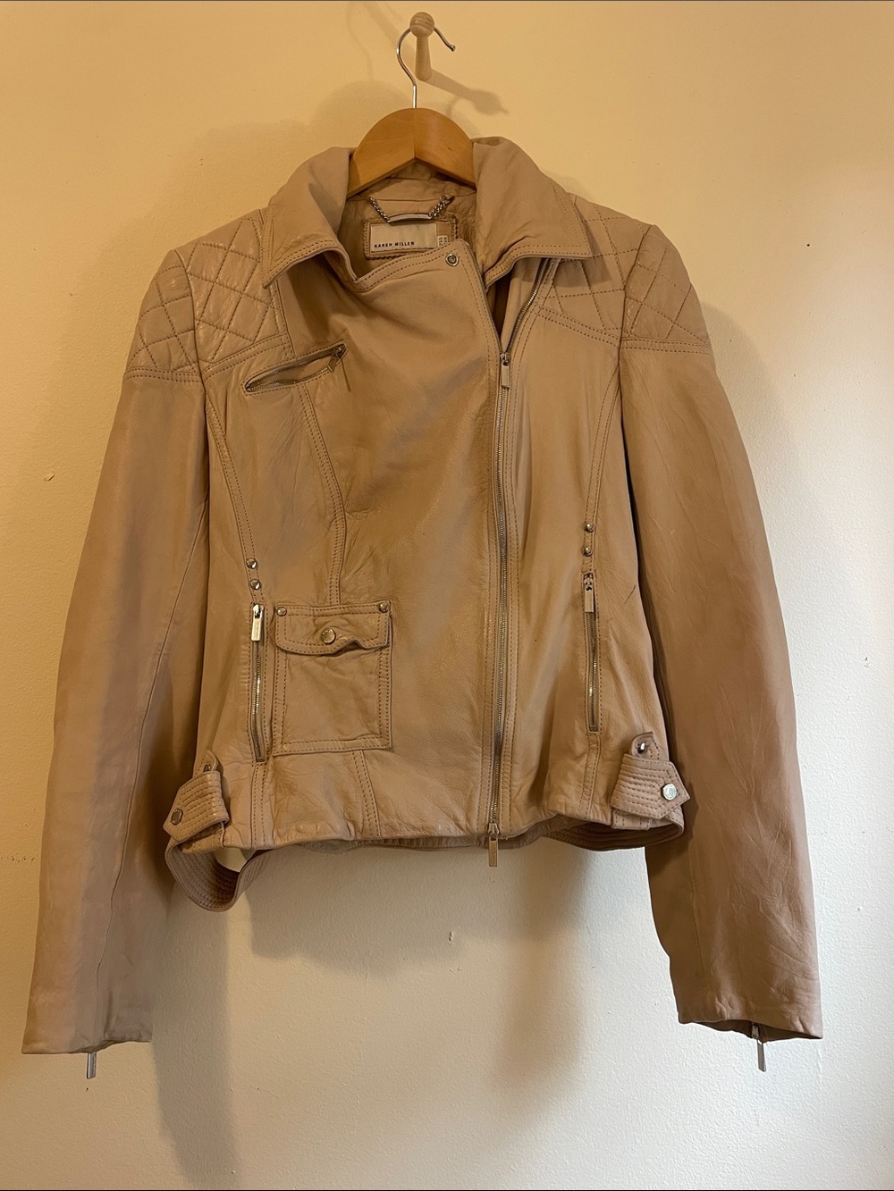 Karen Millen Light Beige Leather Biker Jacket